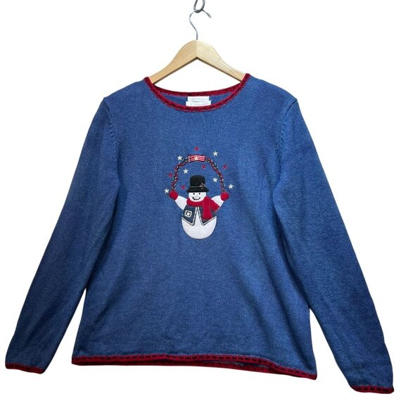 C.J. Banks Womens Holiday Sweater Size X Blue Christmas Snowman Hand Embroidered - Picture 1 of 12